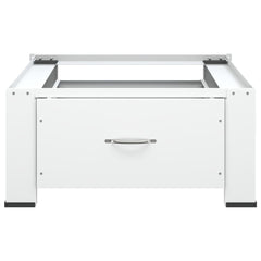 White steel washing machine pedestal with drawer and non-slip feet.