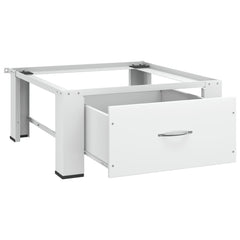 White steel washing machine pedestal with open drawer and sturdy frame.