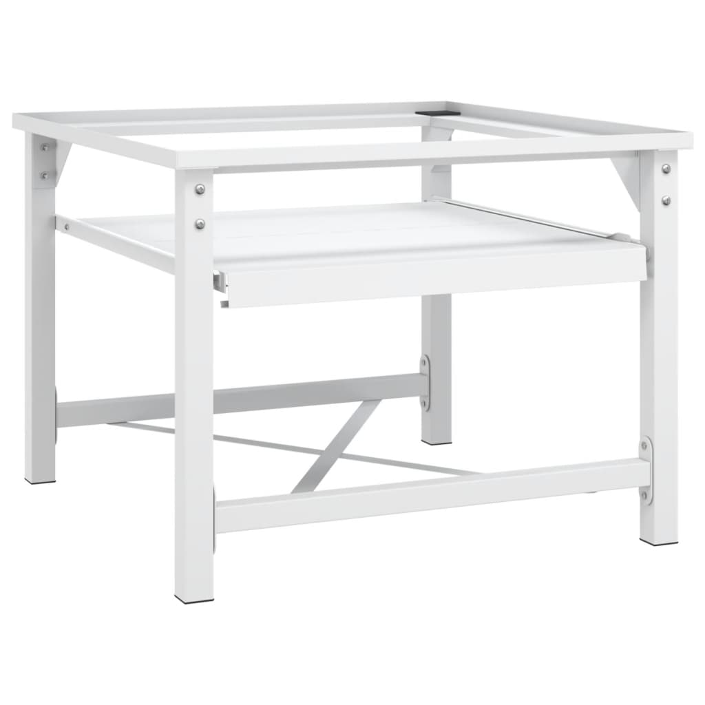White steel washing machine pedestal with slide-out shelf and sturdy frame.
