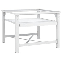 White steel washing machine pedestal with slide-out shelf and sturdy frame.