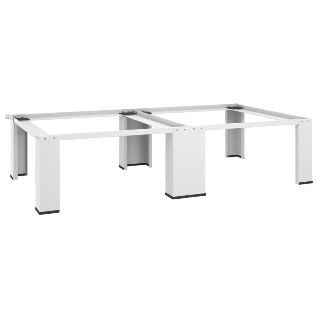 White steel washing machine pedestal with pull-out shelf and sturdy legs.