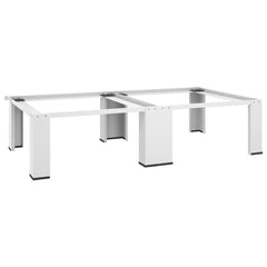 White steel washing machine pedestal with pull-out shelf and sturdy legs.