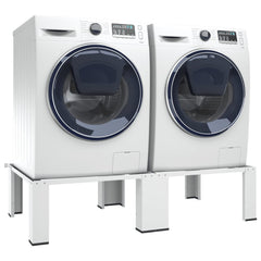 White steel washing machine pedestal with pull-out shelf, elevating two front-load machines.