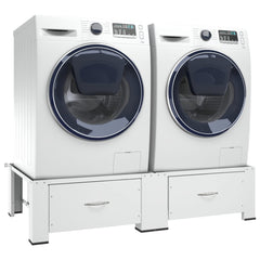 White steel pedestal with drawers for washing and drying machines, elevating them 12.8 inches.