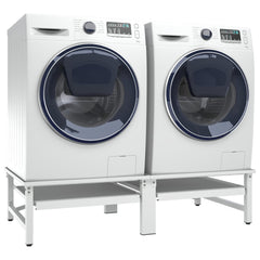 White steel washing machine stacking kit with pull-out shelf, elevating two front-load washers.