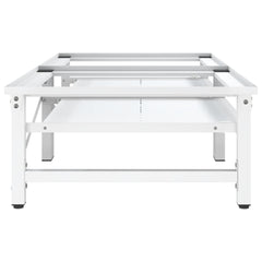 White steel washing machine stacking kit with pull-out shelf and adjustable feet.