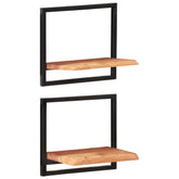 Wall Shelf Set of 2 Brown, Black Solid Acacia wood, Steel Medium