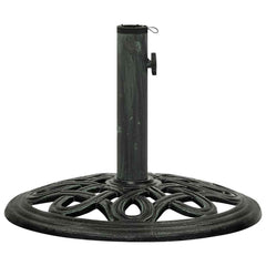 Green cast iron umbrella base with scrollwork, 15.7x15.7x12.6 inches.