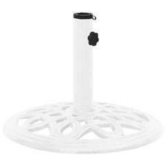 White cast iron umbrella base, 15.7 inches round with floral patterns for outdoor use.