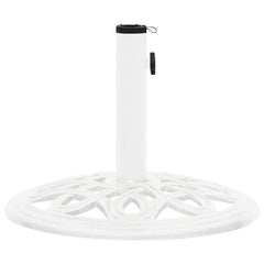 White cast iron umbrella base, 15.7 inches round with floral patterns for outdoor use.