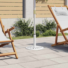 White cast iron umbrella base, 15.7 inches round with floral patterns for outdoor use.