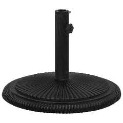 Black cast iron umbrella base, 17.7 inches round with elegant scrollwork and floral details.