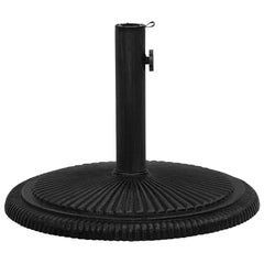 A black, round cast iron umbrella base with a ribbed design.