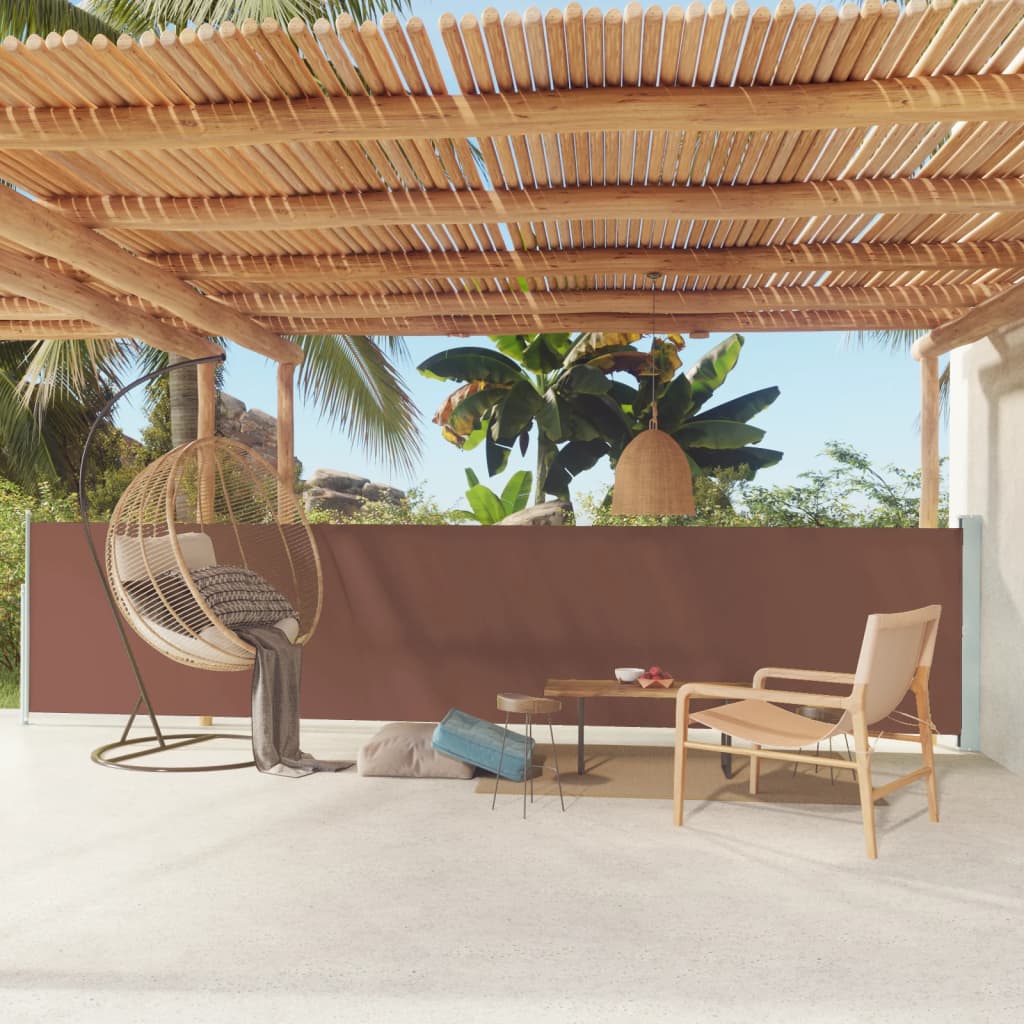 Brown retractable side awning with a sturdy steel base for outdoor privacy and shade.
