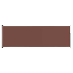 Brown retractable side awning, 78.7 by 236.2 inches, extended with steel frame.