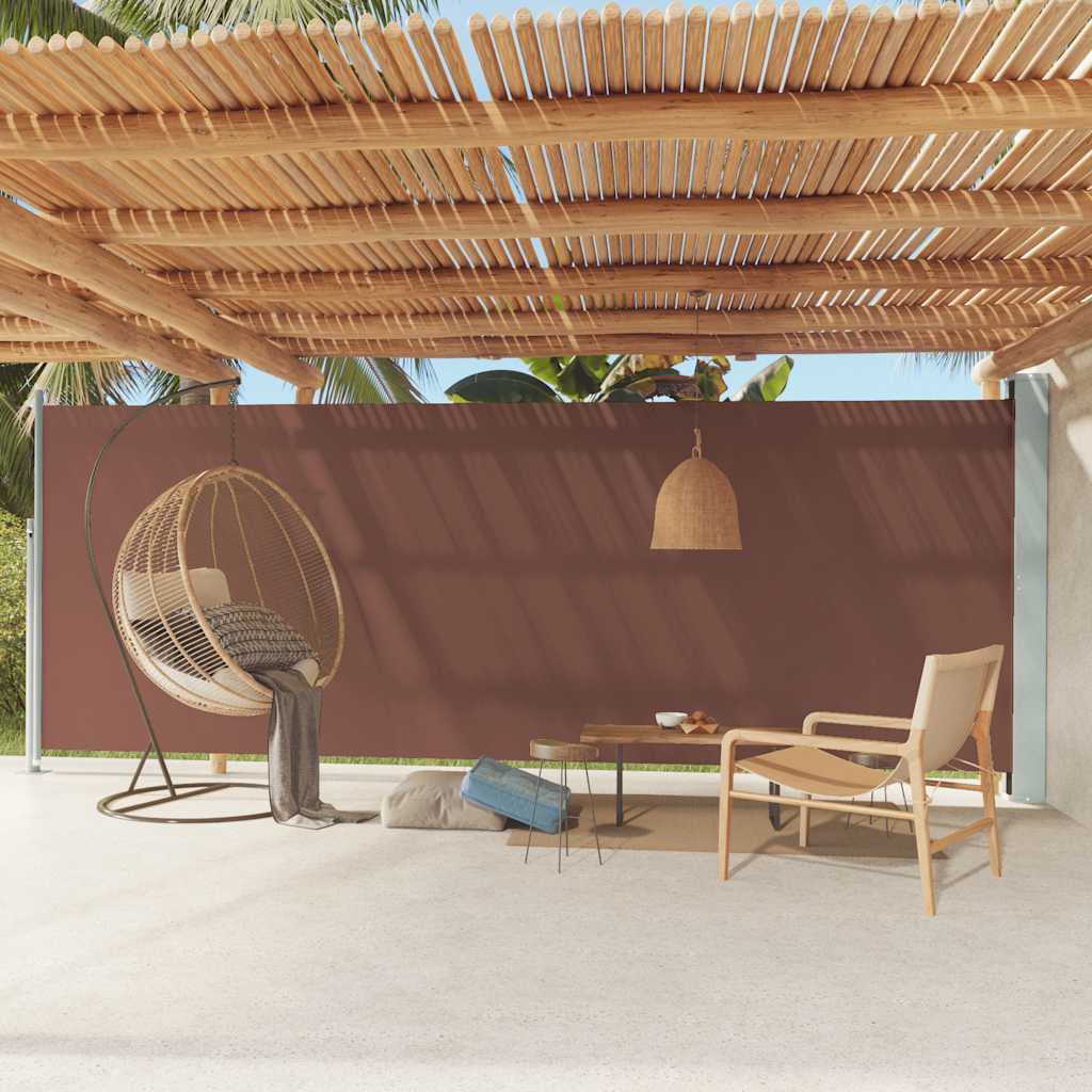 Brown retractable side awning, 78.7x236.2 inches, extended for terrace shade.