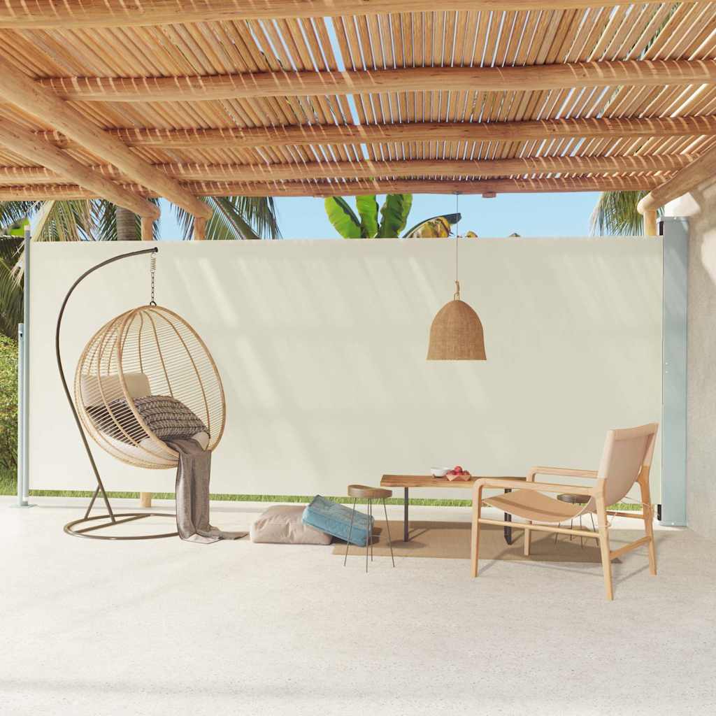 Cream retractable side awning, 86.6 inches high and 236.2 inches wide, for patio privacy.