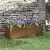 Honey brown solid pine wood garden planter, 59.1 inches long, with deep soil capacity.
