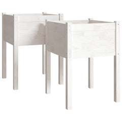White solid pine wood garden planters in a 2-piece set, measuring 19.7 x 19.7 x 27.6 inches.