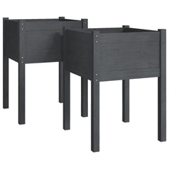 Two gray solid pine wood raised garden planters, each 19.7x19.7x27.6 inches, side by side.