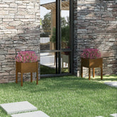 Set of 2 honey brown solid pine wood garden planters with a raised design for easy access.