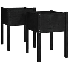 Two black solid pine wood garden planters, each 19.7x19.7x27.6 inches, side by side.