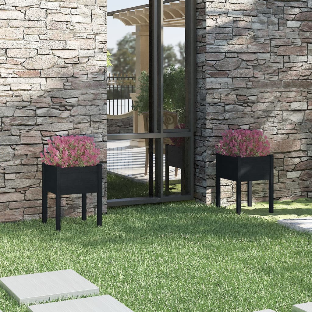 Two black solid pine wood garden planters, square shape, 19.7x19.7x27.6 inches each.