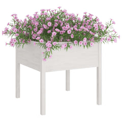 White solid pine cube garden planter, 27.6x27.6x27.6 inches, with pink flowers.