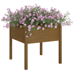 Two honey brown solid pine wood garden planters, each 27.6 inches square, filled with pink flowers.