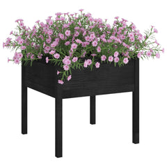 Pair of black solid pine wood garden planters, square shape, 27.6 inches, with pink flowers.