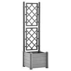 Stone gray garden planter with trellis, measuring 16.9x16.9x55.9 inches, made of polypropylene.