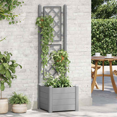 Stone gray garden planter with trellis, 16.9x16.9x55.9 inches, made of durable polypropylene.