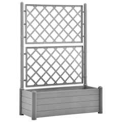 Stone gray polypropylene garden planter with integrated trellis, measuring 39.4x16.9x55.9 inches.
