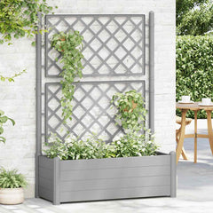 Gray stone garden planter with integrated trellis, featuring climbing vines and plants.