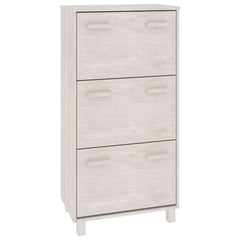White solid pine wood shoe cabinet with three flip-drawers and warm wooden handles.