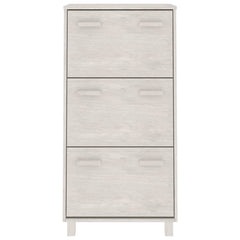 White solid pine wood shoe cabinet with three flip-drawers and wooden handles.