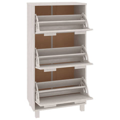 White solid pine wood shoe cabinet with three flip-drawers and warm wooden handles.