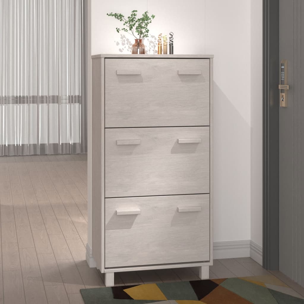 White solid pine wood shoe cabinet with three flip-drawers for organized storage.