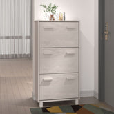 White solid pine wood shoe cabinet with three flip-drawers for organized storage.