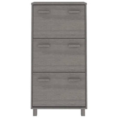 Light gray solid pine wood shoe cabinet with three flip drawers.