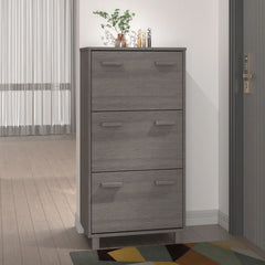 Light gray solid pine wood shoe cabinet with three flip drawers and wooden handles.