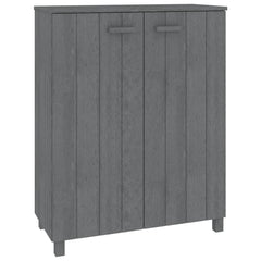 Dark gray solid pine wood shoe cabinet with three shelves and concealed doors for storage.