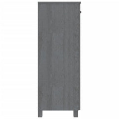 Dark gray solid pine wood shoe cabinet with three shelves and concealed doors.