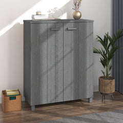 Dark gray solid pine wood shoe cabinet with three shelves and concealed doors.
