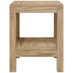 A compact solid teak wood bathroom side table measuring 17.7x13.8x17.7 inches with an open shelf.