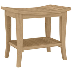Solid teak wood bathroom side table with curved top and lower shelf, measuring 19.7x13.8x17.7 inches.