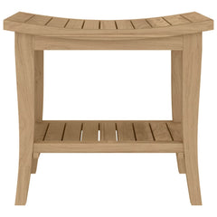 Solid teak wood bathroom side table with slatted top and lower shelf, measuring 19.7x13.8x17.7 inches.