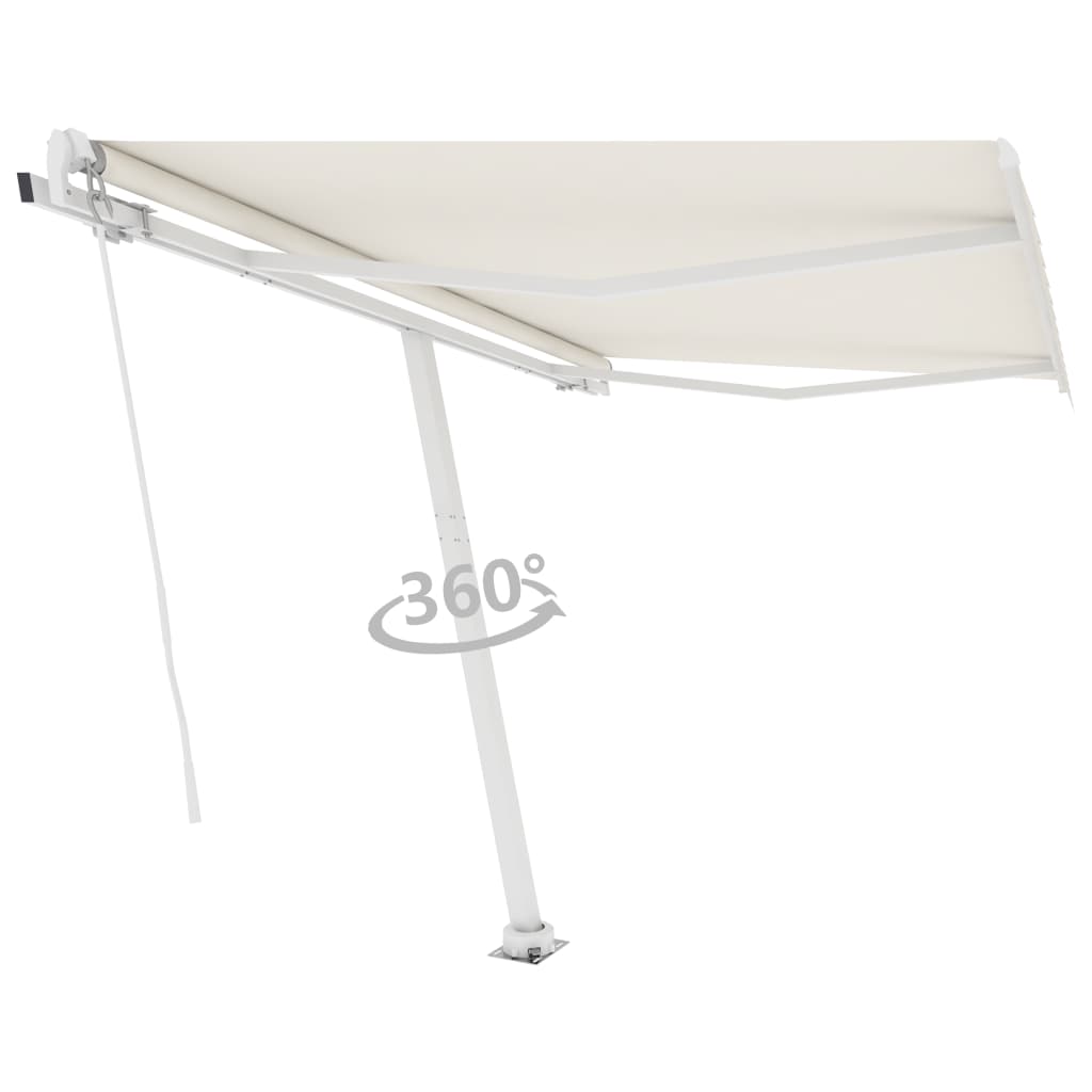 Cream freestanding retractable awning with aluminum frame and crank, 118.1x98.4 inches.