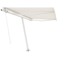 Cream freestanding retractable awning, 118.1x98.4in, with automatic crank and aluminum frame.