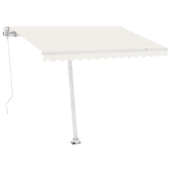 Cream freestanding automatic retractable awning with aluminum frame and adjustable support leg